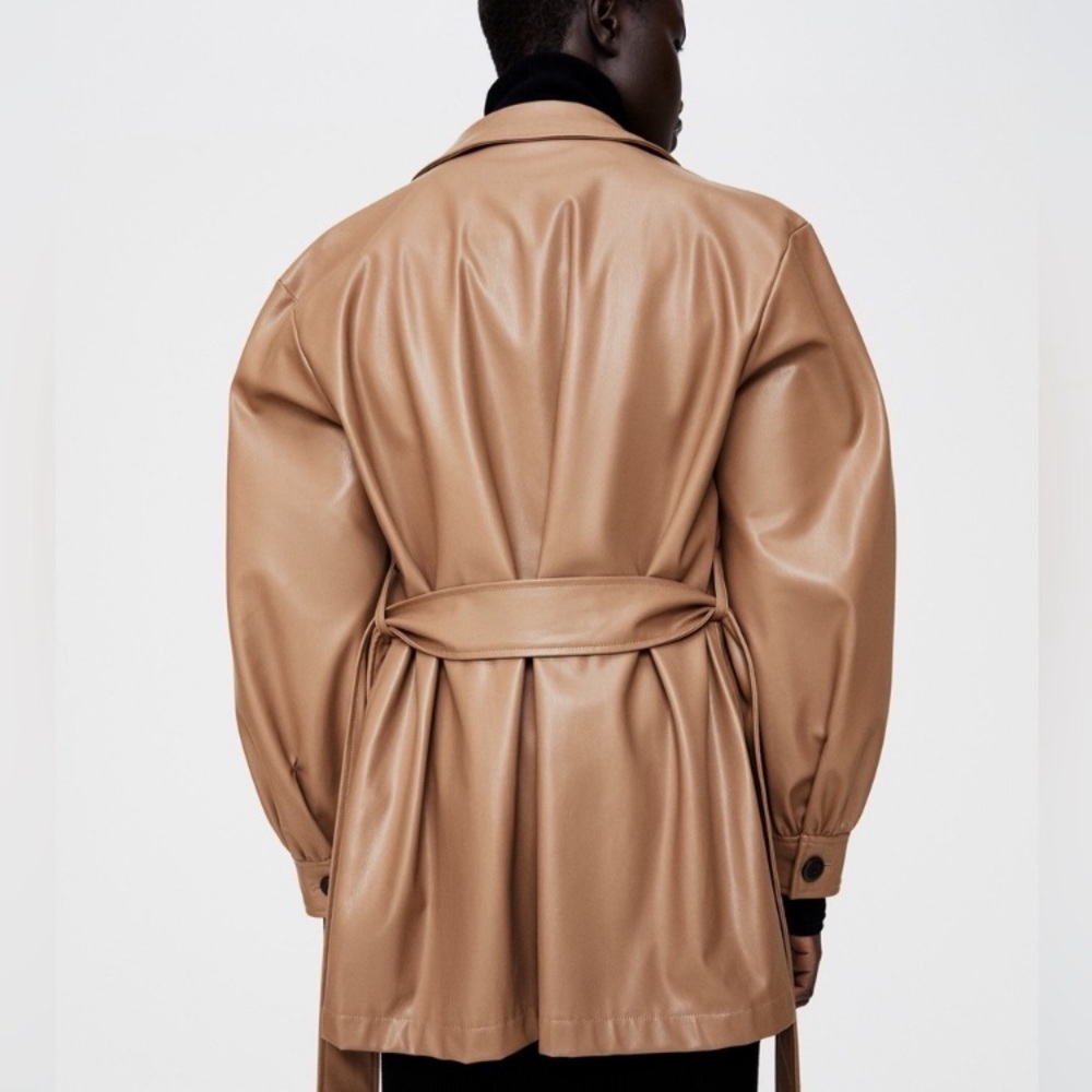 Zara Women’s Camel Faux Leather Belted Oversized Shirt Size Small! - Picture 4 of 13